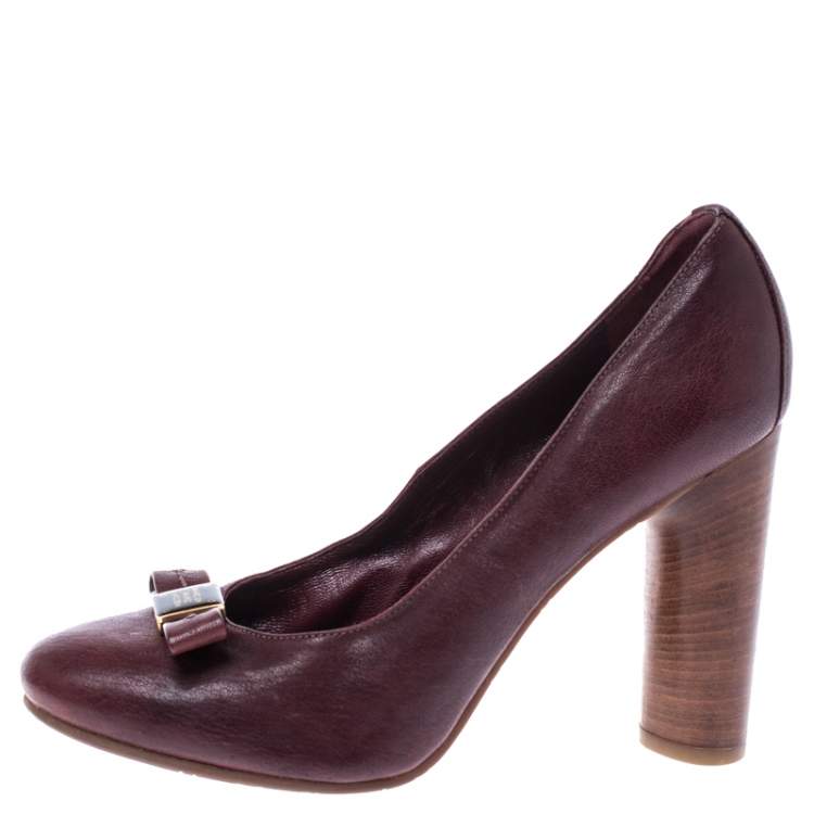 Pre Owned Marc Jacobs Dark Burgundy Bow Leather Wooden Heel Pumps Size 38.5