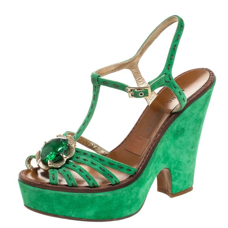 Pre Owned Marc Jacobs Green Suede Crystal Flower Embellished Ankle Strap Platform Sandals Size 39
