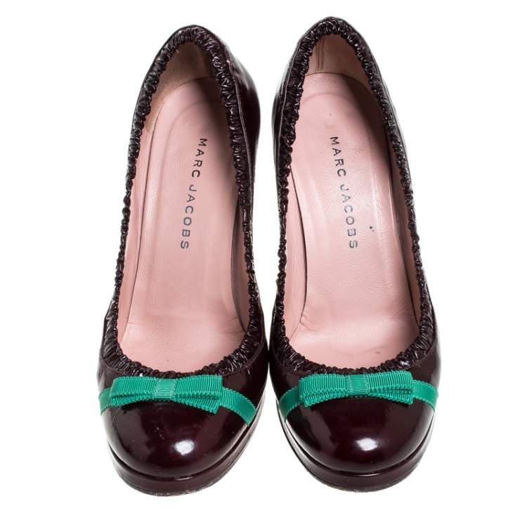 Pre Owned Marc Jacobs Burgundy Leather Bow Platform Pumps Size 37.5
