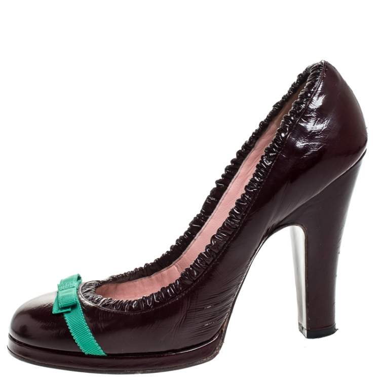 Pre Owned Marc Jacobs Burgundy Leather Bow Platform Pumps Size 37.5