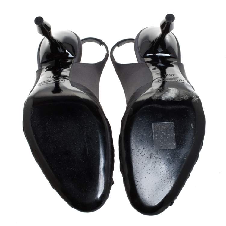 Pre Owned Marc Jacobs Graphite Satin Ruffle And Rose Detail Round Toe Slingback Sandals Size 36.5