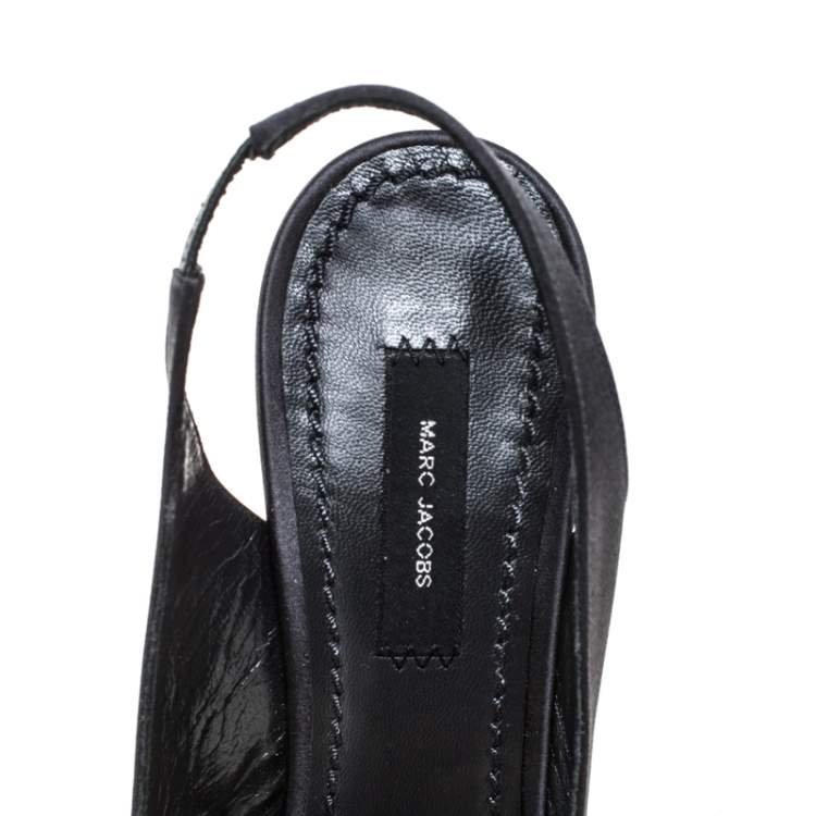Pre Owned Marc Jacobs Graphite Satin Ruffle And Rose Detail Round Toe Slingback Sandals Size 36.5