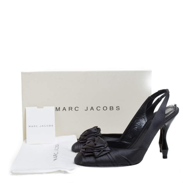 Pre Owned Marc Jacobs Graphite Satin Ruffle And Rose Detail Round Toe Slingback Sandals Size 36.5