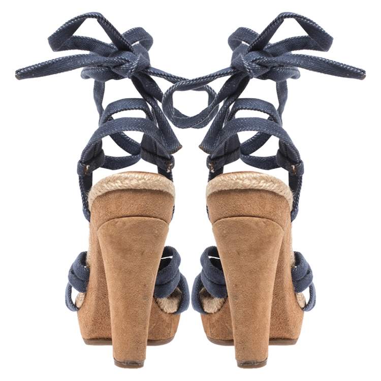 Pre Owned Marc Jacobs Blue Denim Platform Ankle Wrap Sandals Size 38