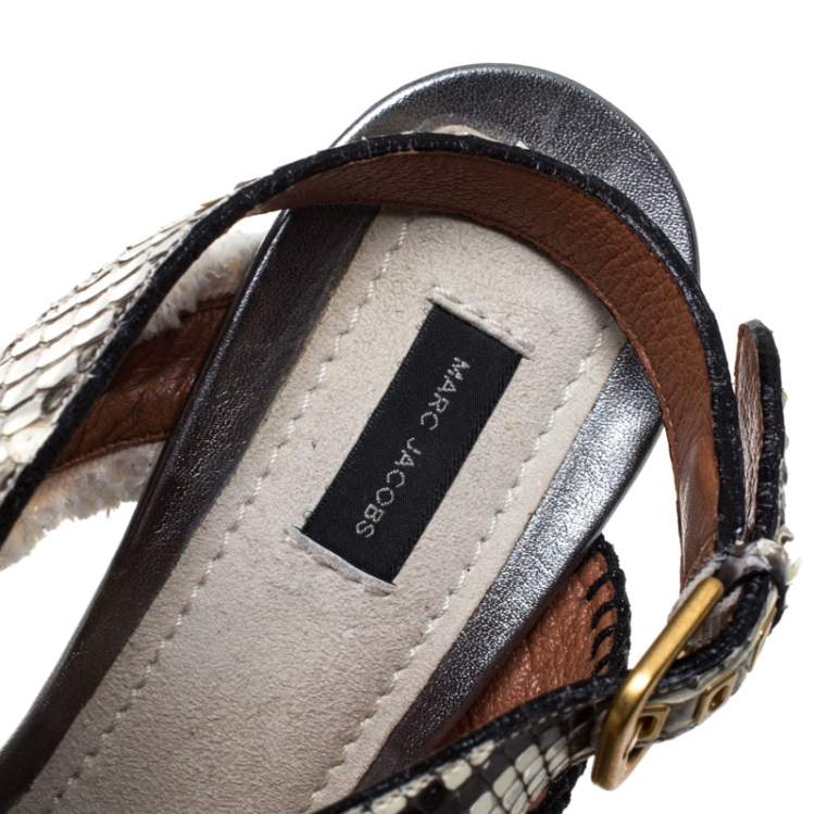 Pre Owned Marc Jacobs Multicolor Canvas, Leather And Python Slingback Sandals Size 40