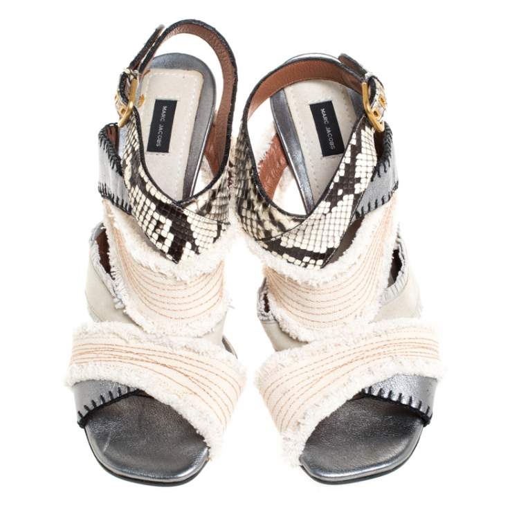 Pre Owned Marc Jacobs Multicolor Canvas, Leather And Python Slingback Sandals Size 40