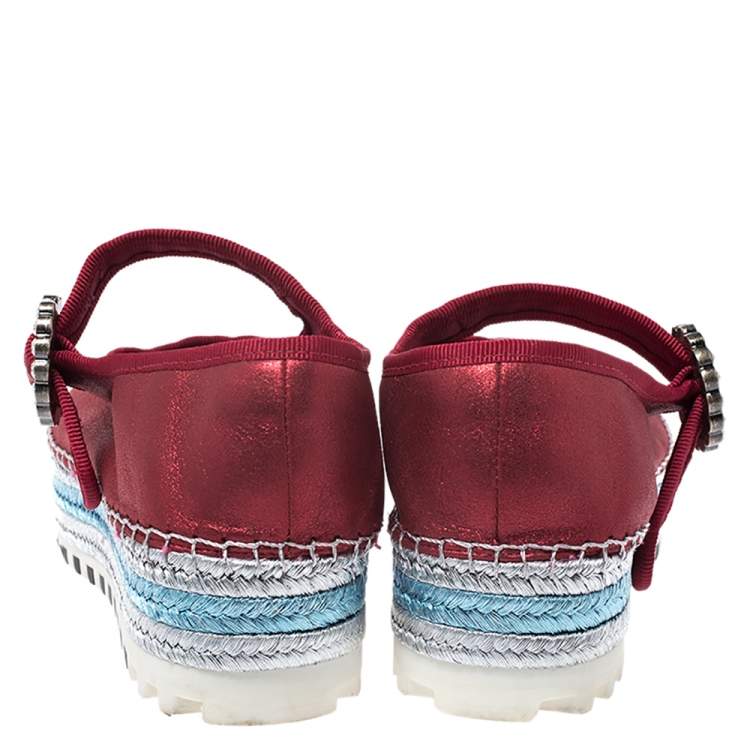 Pre Owned Marc Jacobs Metallic Red Leather Crystal Embellished Suzi Mary Jane Platform Sneakers Size 37