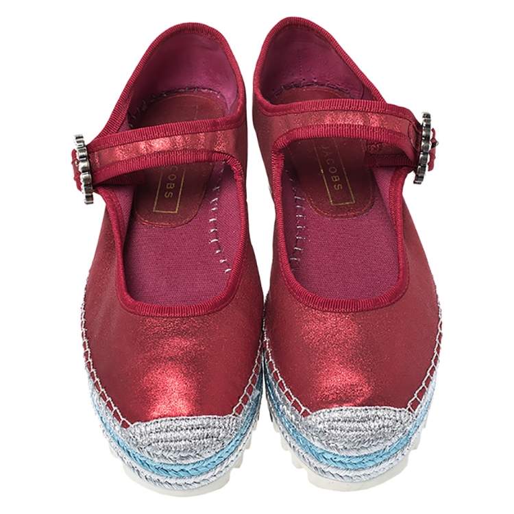 Pre Owned Marc Jacobs Metallic Red Leather Crystal Embellished Suzi Mary Jane Platform Sneakers Size 37