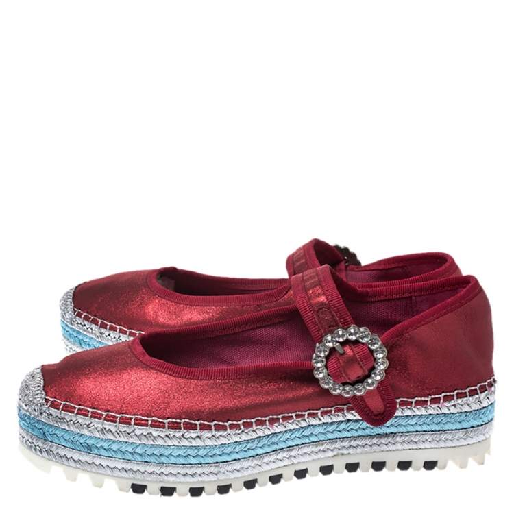 Pre Owned Marc Jacobs Metallic Red Leather Crystal Embellished Suzi Mary Jane Platform Sneakers Size 37