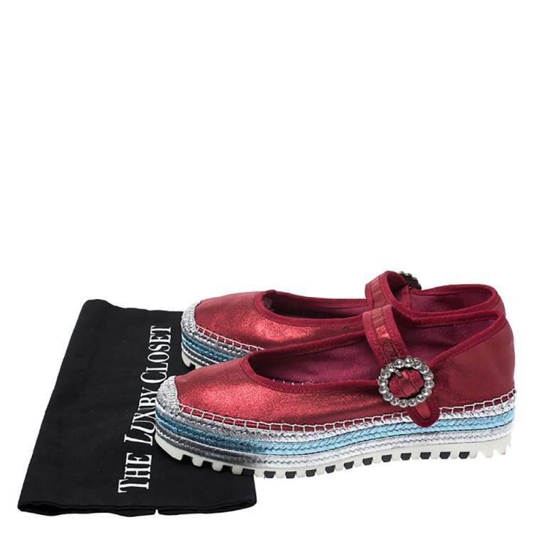 Pre Owned Marc Jacobs Metallic Red Leather Crystal Embellished Suzi Mary Jane Platform Sneakers Size 37