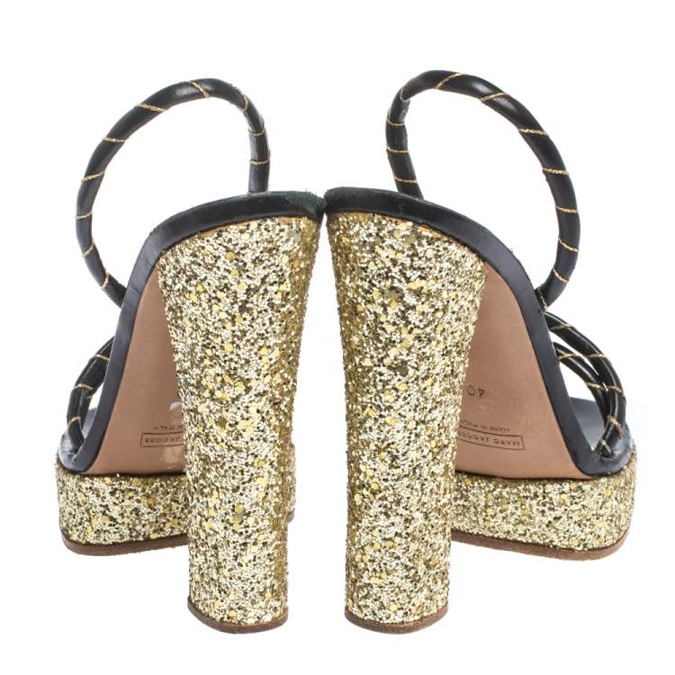 Pre Owned Marc Jacobs Black/Gold Leather And Glitter Fabric Slingback Platform Sandals Size 40