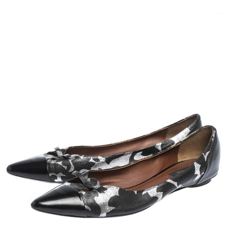 Pre Owned Marc Jacobs Black/Silver Leather And Patent Pointed Toe Bow Ballet Flats Size 40