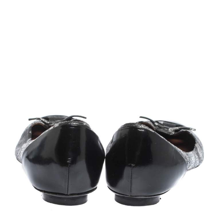 Pre Owned Marc Jacobs Black/Silver Leather And Patent Pointed Toe Bow Ballet Flats Size 40
