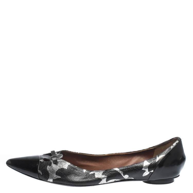 Pre Owned Marc Jacobs Black/Silver Leather And Patent Pointed Toe Bow Ballet Flats Size 40