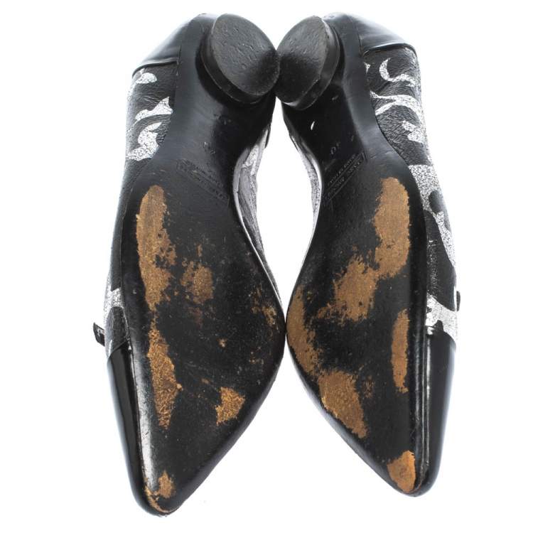Pre Owned Marc Jacobs Black/Silver Leather And Patent Pointed Toe Bow Ballet Flats Size 40