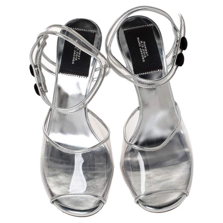Pre Owned Marc Jacobs Silver PVC and Leather Plexiglass Heel Sandals Size 35