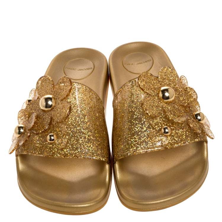 Pre Owned Marc Jacobs Gold Glitter Jelly Daisy Aqua Flower Flat Slides Size 39
