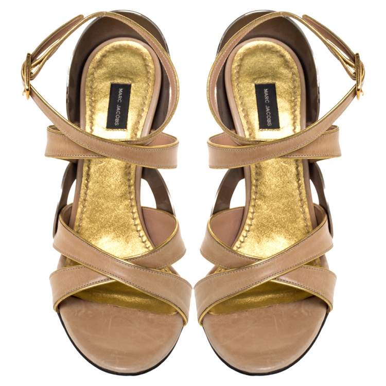 Pre Owned Marc Jacobs Beige Leather And Gold Piping Heart Wedge Ankle Strap Sandals Size 36.5
