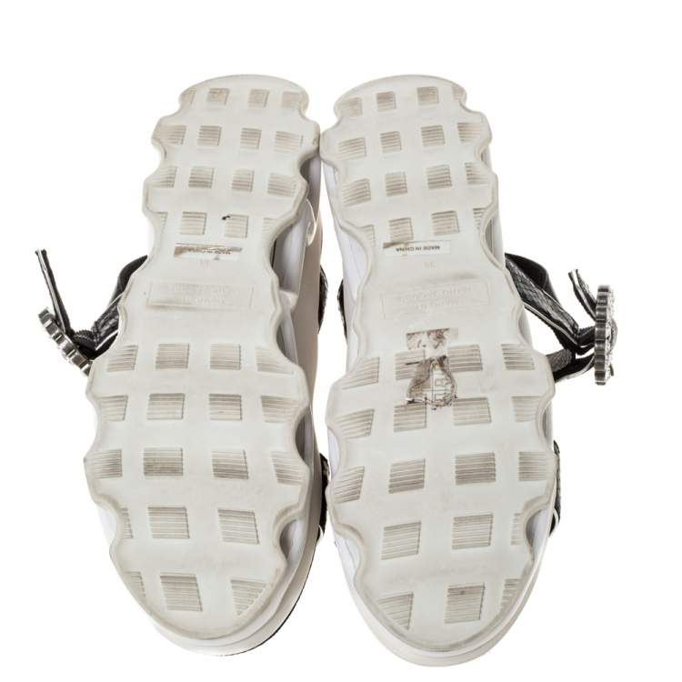 Pre Owned Marc by Marc Jacobs Black Python Embossed Leather Ninj Crystal Embellished Ankle Strap Sandals Size 38