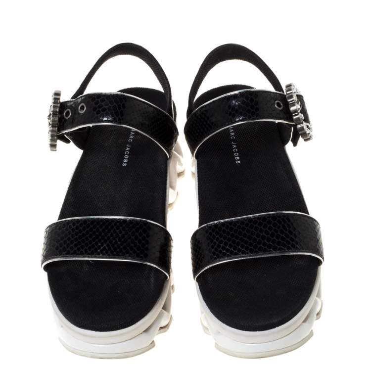 Pre Owned Marc by Marc Jacobs Black Python Embossed Leather Ninj Crystal Embellished Ankle Strap Sandals Size 38