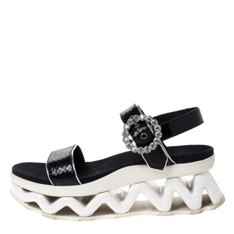 Pre Owned Marc by Marc Jacobs Black Python Embossed Leather Ninj Crystal Embellished Ankle Strap Sandals Size 38