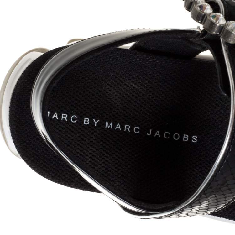 Pre Owned Marc by Marc Jacobs Black Python Embossed Leather Ninj Crystal Embellished Ankle Strap Sandals Size 38
