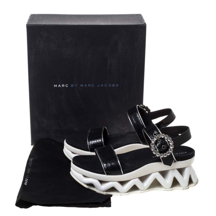 Pre Owned Marc by Marc Jacobs Black Python Embossed Leather Ninj Crystal Embellished Ankle Strap Sandals Size 38