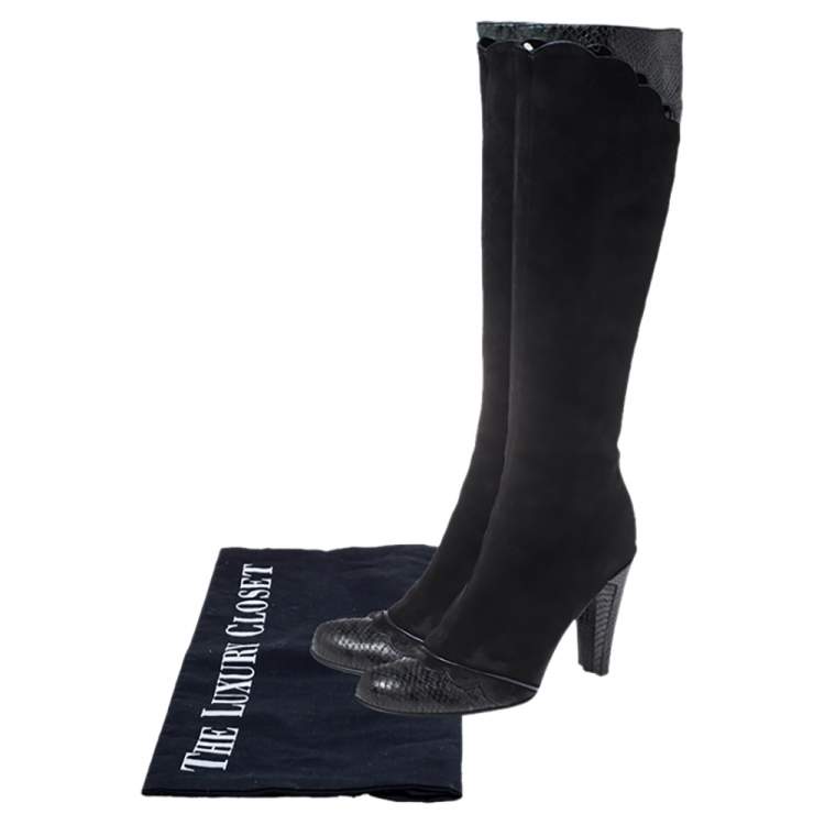 Pre Owned Marc Jacobs Black Python Embossed Leather and Suede Knee High  Boots Size 39.5