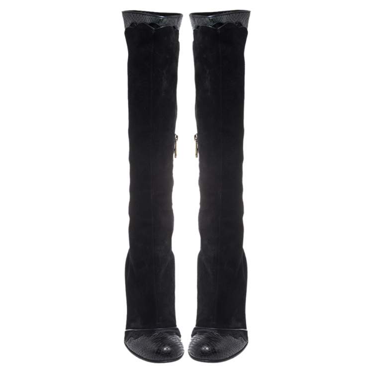 Pre Owned Marc Jacobs Black Python Embossed Leather and Suede Knee High  Boots Size 39.5