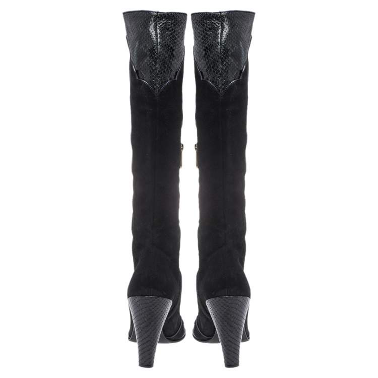 Pre Owned Marc Jacobs Black Python Embossed Leather and Suede Knee High  Boots Size 39.5