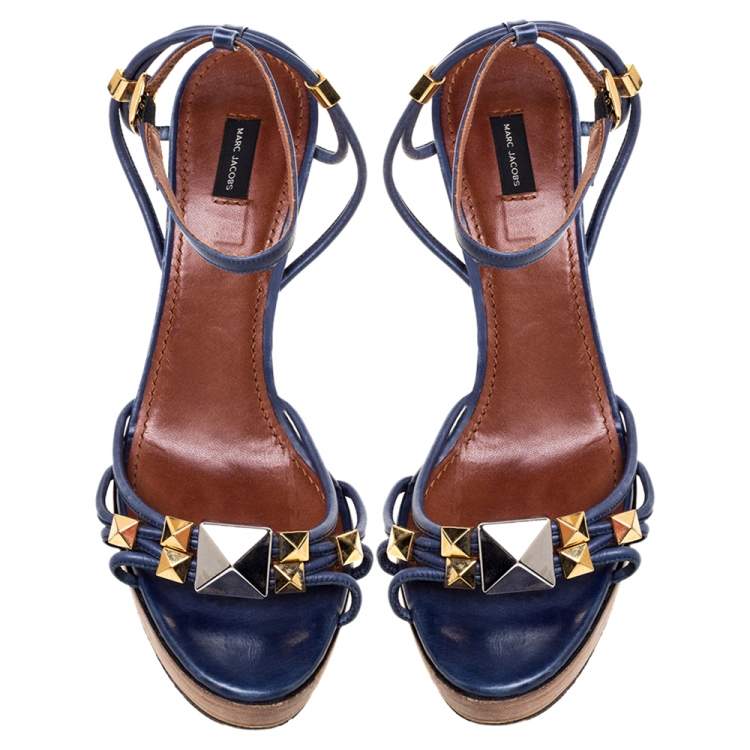 Pre Owned Marc Jacobs Blue Leather Strappy Ankle Strap Platform Sandals Size 40
