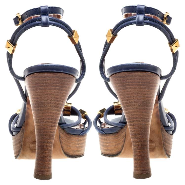 Pre Owned Marc Jacobs Blue Leather Strappy Ankle Strap Platform Sandals Size 40