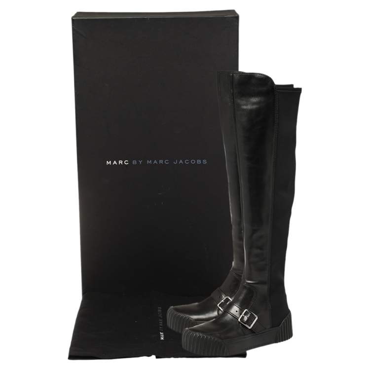 Pre Owned Marc Jacobs Black Leather and Neoprene Knee Length Boots Size 37