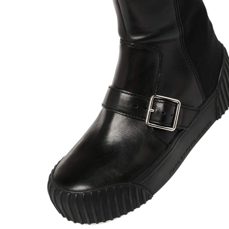 Pre Owned Marc Jacobs Black Leather and Neoprene Knee Length Boots Size 37
