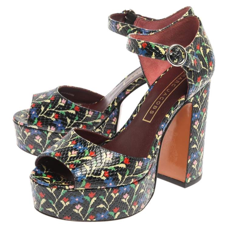 Pre Owned Marc Jacobs Multicolor Snake Embossed Leather Sky Floral Platform Sandals Size 38