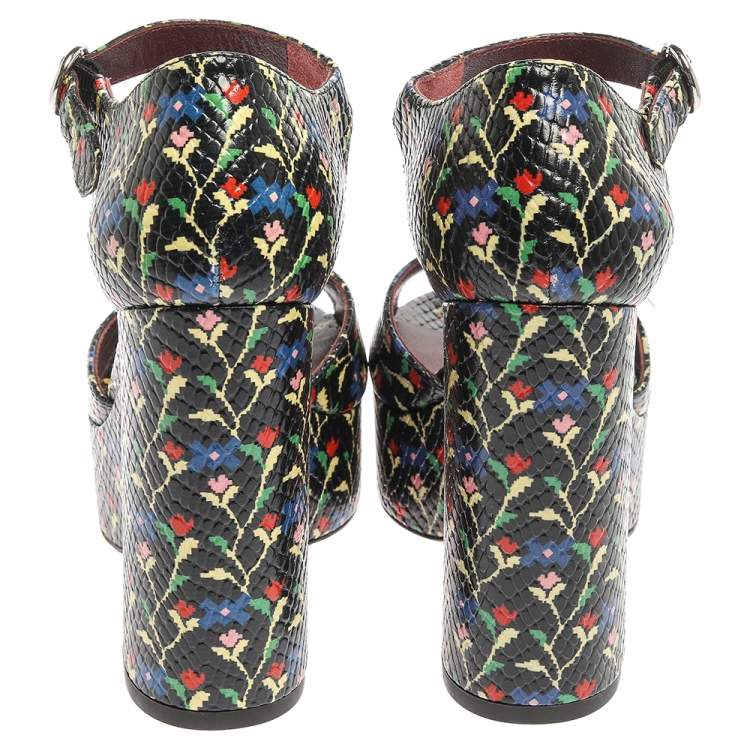Pre Owned Marc Jacobs Multicolor Snake Embossed Leather Sky Floral Platform Sandals Size 38