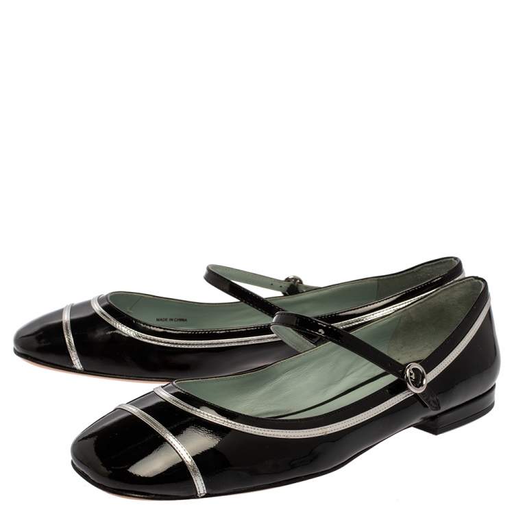 Pre Owned Marc Jacobs Black/ Silver Patent Leather Poppy Mary Jane Ballerina Flat Size 39.5