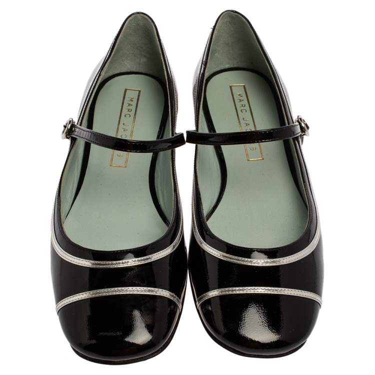 Pre Owned Marc Jacobs Black/ Silver Patent Leather Poppy Mary Jane Ballerina Flat Size 40