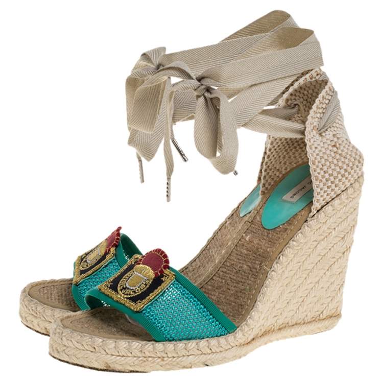 Pre Owned Marc Jacobs Multicolor Mesh And Woven Canvas Wedge Espadrilles Ankle Wrap Sandals Size 37