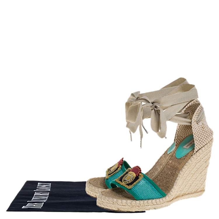 Pre Owned Marc Jacobs Multicolor Mesh And Woven Canvas Wedge Espadrilles Ankle Wrap Sandals Size 37