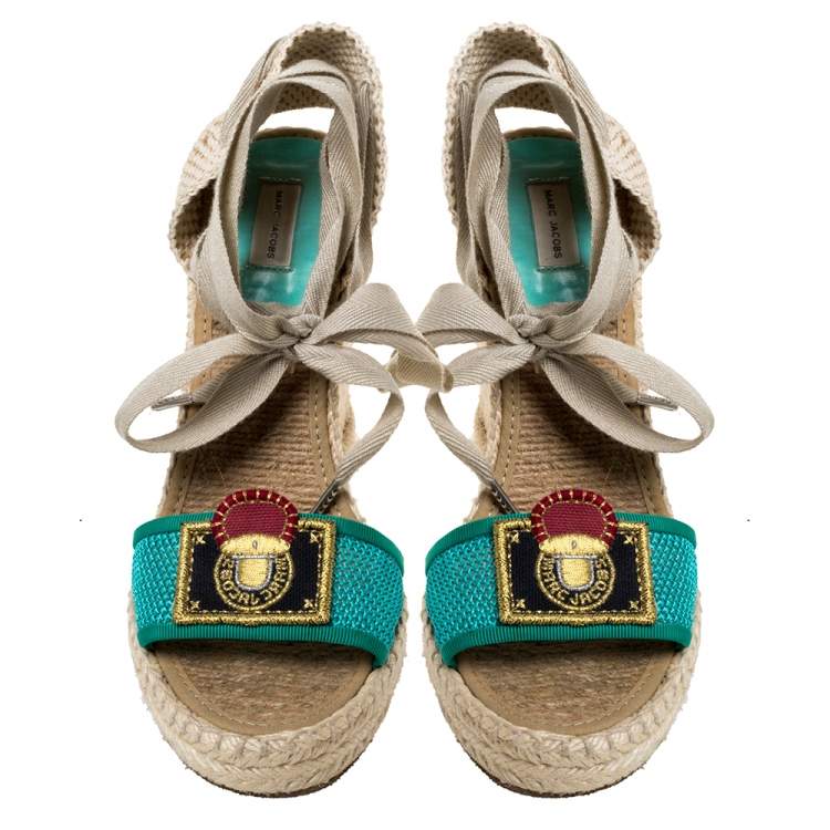 Pre Owned Marc Jacobs Multicolor Mesh And Woven Canvas Wedge Espadrilles Ankle Wrap Sandals Size 37