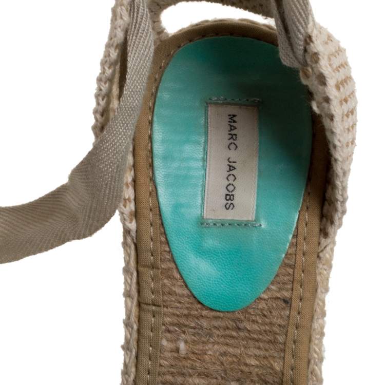 Pre Owned Marc Jacobs Multicolor Mesh And Woven Canvas Wedge Espadrilles Ankle Wrap Sandals Size 37