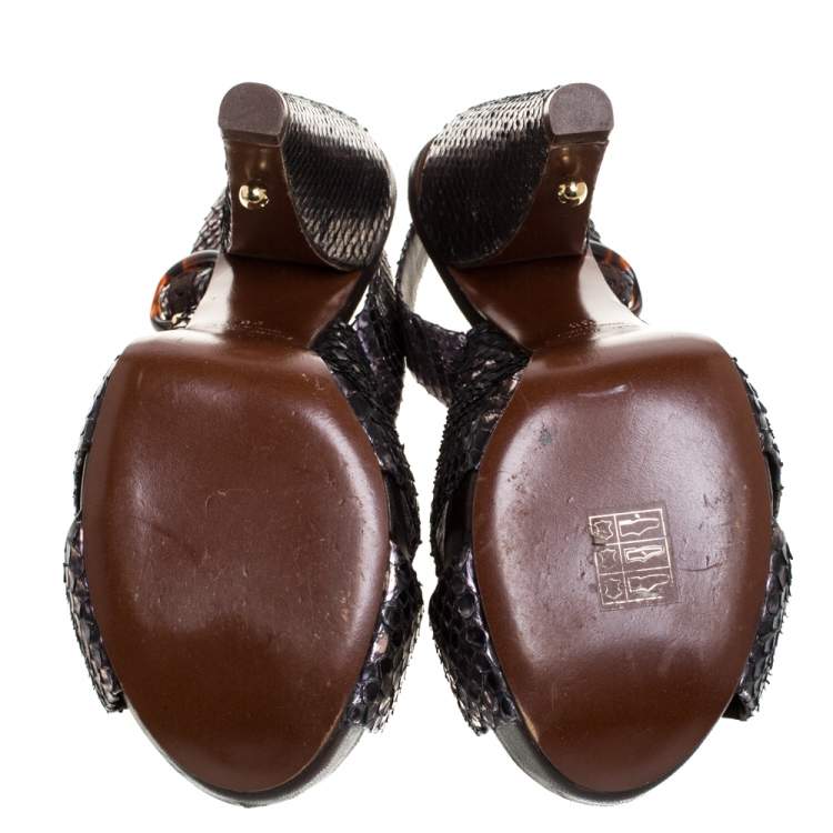 Pre Owned Marc Jacobs Black/Bronze Snakeskin Platform Sandals Size 38