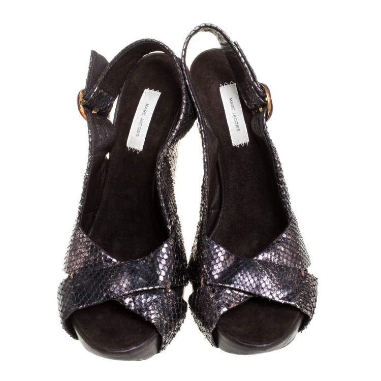 Pre Owned Marc Jacobs Black/Bronze Snakeskin Platform Sandals Size 38