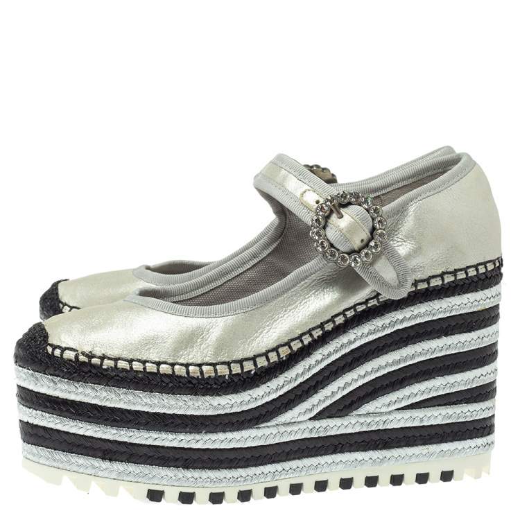Pre Owned Marc Jacobs Metallic Silver Leather Crystal Embellished Suzi Mary Jane Platforms Espadrilles Size 38