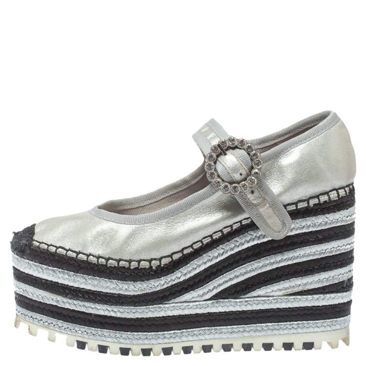 Pre Owned Marc Jacobs Metallic Silver Leather Crystal Embellished Suzi Mary Jane Platforms Espadrilles Size 36