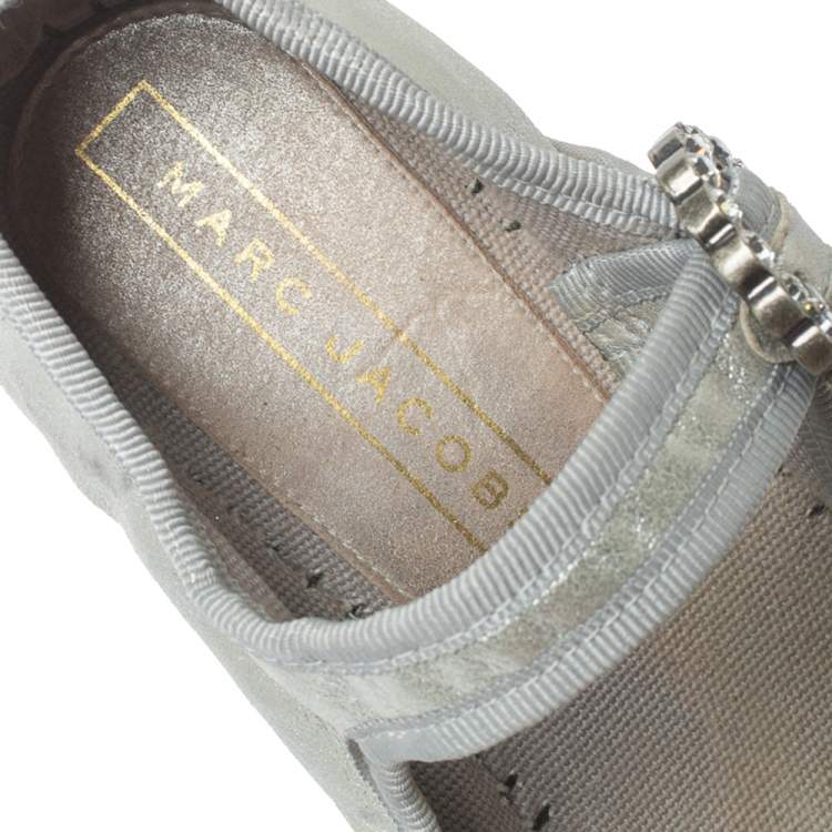 Pre Owned Marc Jacobs Metallic Silver Leather Crystal Embellished Suzi Mary Jane Platforms Espadrilles Size 36