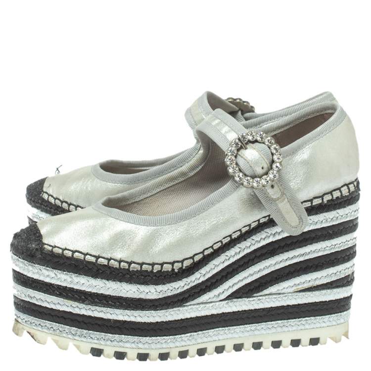 Pre Owned Marc Jacobs Metallic Silver Leather Crystal Embellished Suzi Mary Jane Platforms Espadrilles Size 36