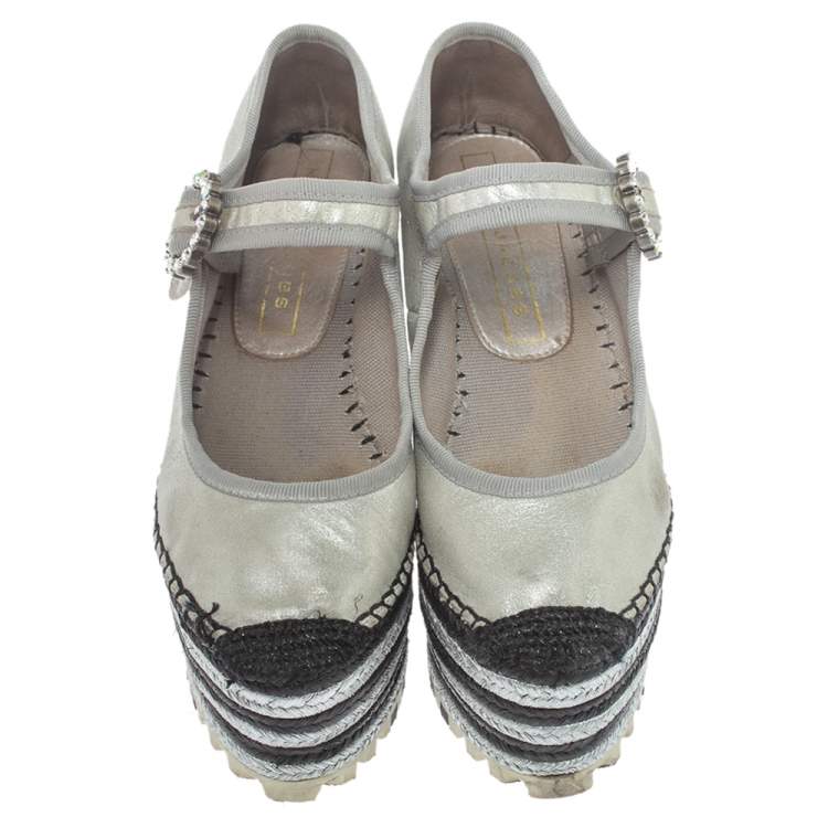 Pre Owned Marc Jacobs Metallic Silver Leather Crystal Embellished Suzi Mary Jane Platforms Espadrilles Size 36