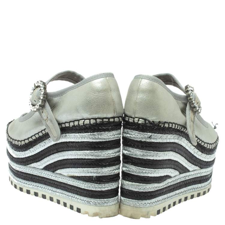 Pre Owned Marc Jacobs Metallic Silver Leather Crystal Embellished Suzi Mary Jane Platforms Espadrilles Size 36